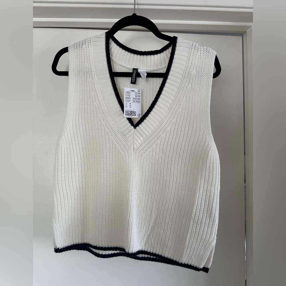 H&M White V-Neck Sweater Vest with Black Trim